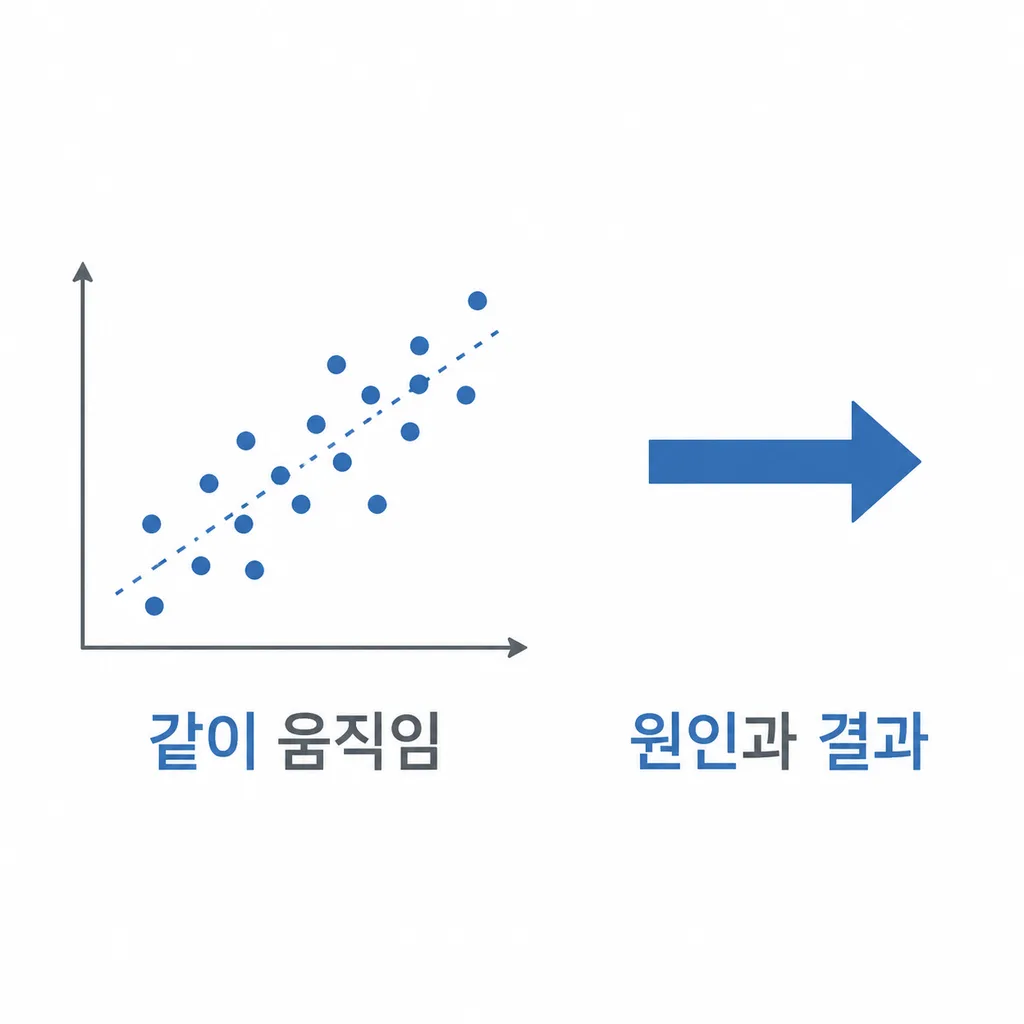 상관관계와 인과관계 차이를 설명하는 산점도와 화살표