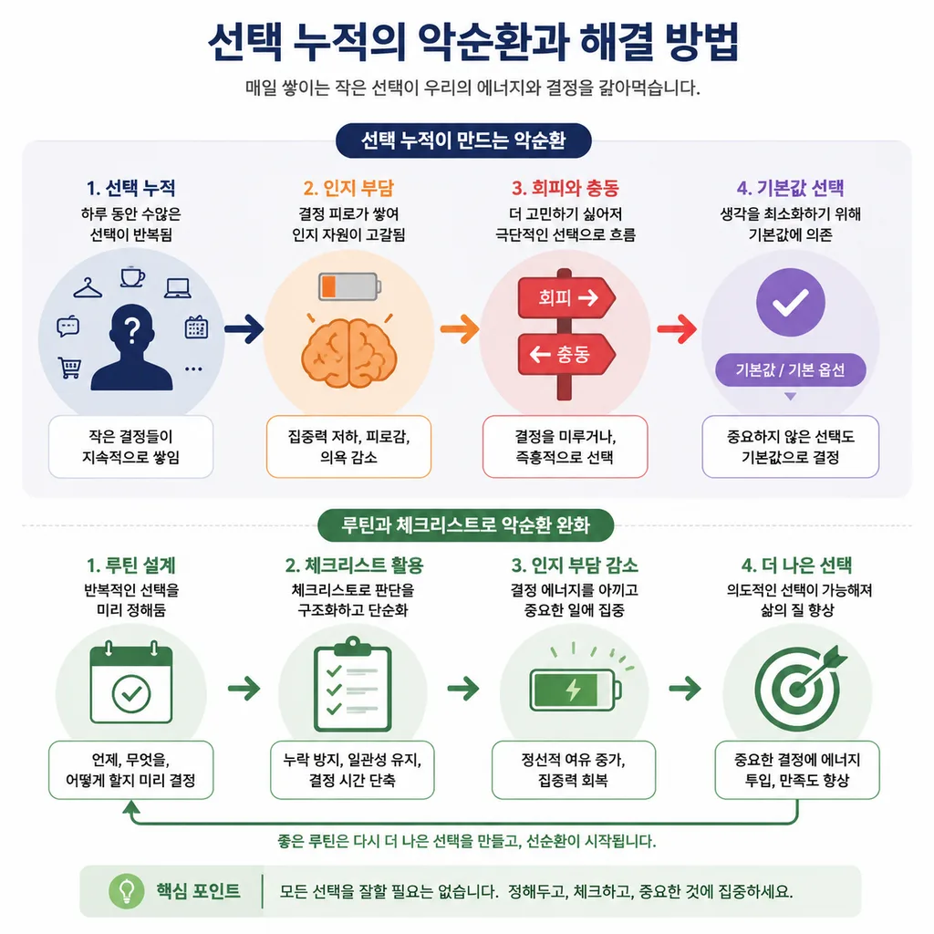 선택 피로가 누적되어 회피와 충동으로 이어지는 흐름