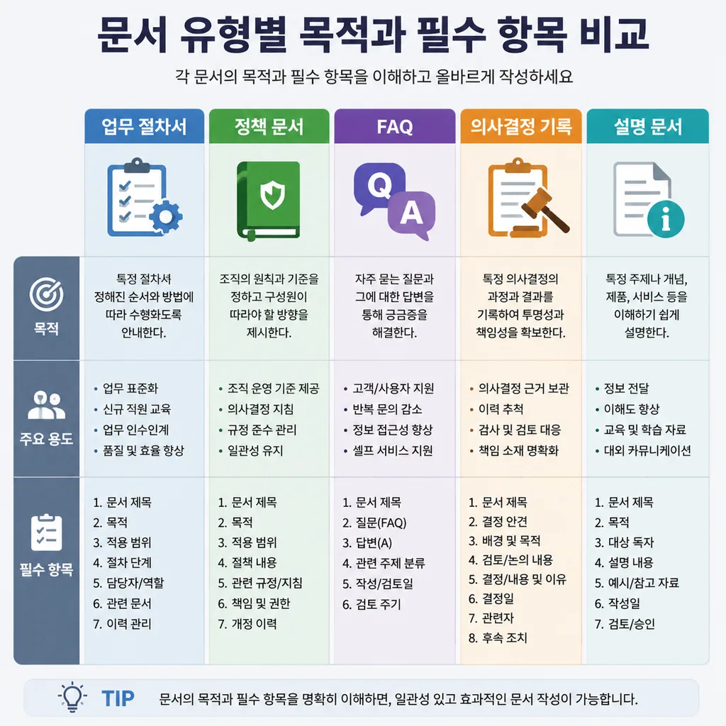 사내 위키 문서 유형별 작성 목적 표
